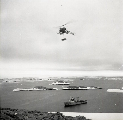 Le Norsel au mouillage à l'ouest de l'île des Pétrels. L'hélico Bell 47 effectue du transport de matériel en "sling".