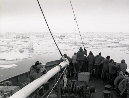 Les membres de la mission 57, groupés à l'avant du Norsel, suivent la progression du navire dans un pack assez dense.