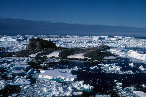 Vue aérienne à basse altitude de l'île du Lion sur laquelle on aperçoit les engins de travaux publics. Pack très dense, nombreux icebergs à l'horizon.