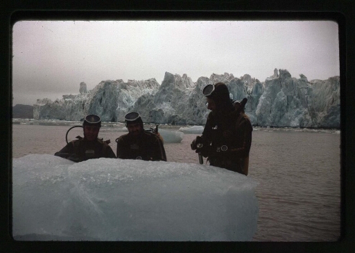Trois plongeurs devant un morceau de glace devant le glacier de la Baie du Roi  - mission CNRS 1964 - vue 2