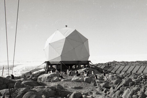 Le radôme du radar poursuite des ballons-sondes météo à proximité d'une rookerie de manchots Adélie.