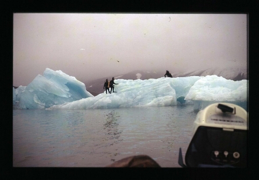 Plongeurs sur un morceau  du glacier de la Baie du Roi - mission CNRS 1965 - vue 2
