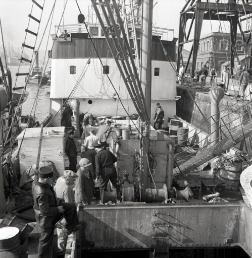 Le Tottan, navire baleinier norvégien, en cours de chargement  sur un quai de Rouen début octobre 1951.