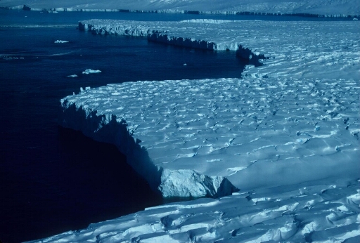 Survol à basse altitude du glacier de l'Astrolabe qui s'avance en eau libre. Dessus très crevassé. En arrière-plan le continent.