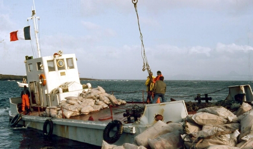 À Port aux Français (PAF), le chaland le Gros Ventre  déchargement de sacs de ciment par des hivernants volontaires, e dos Joel Drouet (mécano engin) en ciré orange FX Oury (hydrobio)