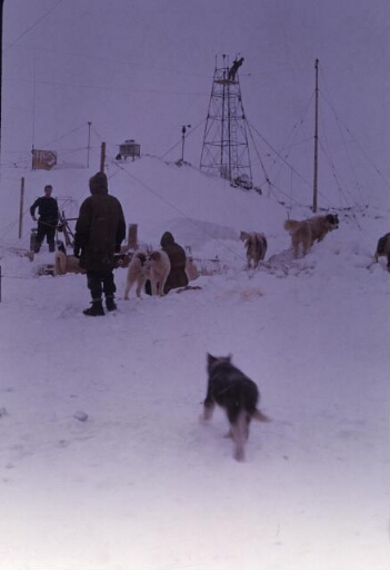 Un traîneau, cinq chiens et trois hommes. Au second plan, les antennes radio et la tour météo. Ciel bas d'hiver.