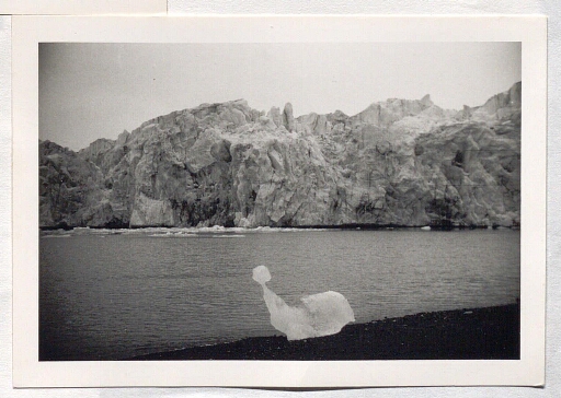 Un morceau de glace échoué sur le bord de mer en face du glacier Kongsbre