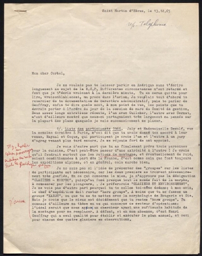Lettre de retours et remarques sur le déroulement prévu de l'expédition au Spitzberg en 1966 par Jean Corbel et son équipe