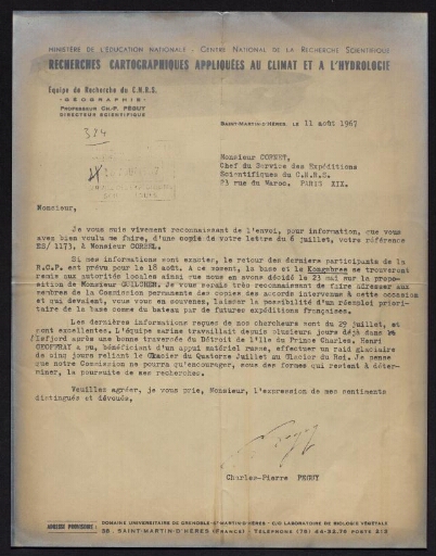 Lettre concernant l'organisation de l'expédition au Spitzberg en 1967