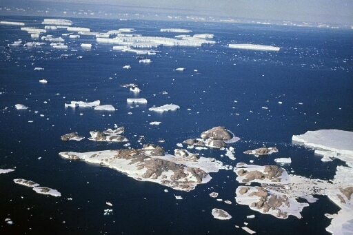 Survol, vers le nord-est, de l'archipel. Extrémité de l'Astrolabe et, avant les gros icebergs, le rocher du débarquement. Mer libre.