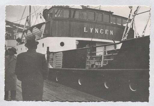 Homme regardant un navire à quai, nommé Lyngen