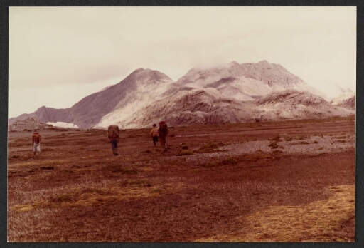 Quatre personnes marchent dans une plaine. En arrière-plan : des montagnes