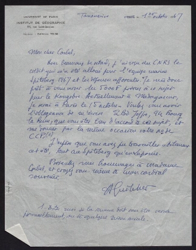 Lettre indiquant le versement du crédit alloué pour l'équipe marine du Spitzberg 1967