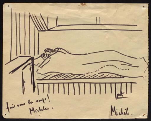 Portrait d'une personne qui s'appelle Michèle, qui dort dans une bannette- mission CNRS 1963