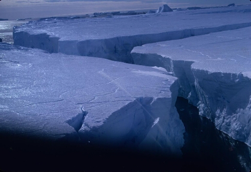 Survol de grands icebergs tabulaires issus du glacier de l'Astrolabe.