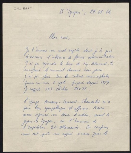 Lettre manuscrite faisant état des réflexions émises par le Norsk Polarinstitutt à l'égard de l'expédition de l'équipe française de Jean Corbel