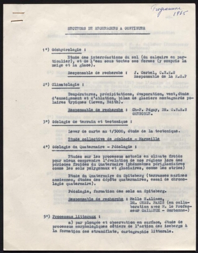 Le programme de l'expédition de 1965; secteurs de recherches a continuer