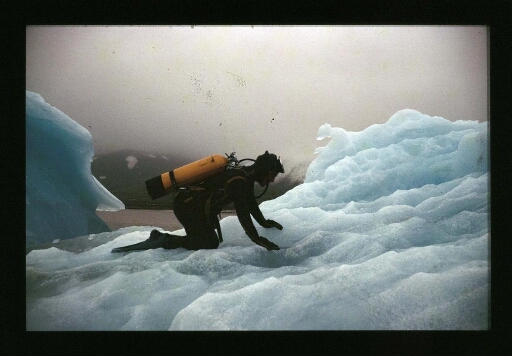 Plongeurs sur un morceau  du glacier de la Baie du Roi - mission CNRS 1965 - vue 3