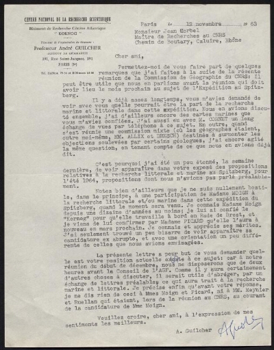 Courrier relatif à la présence de Madame MOIGN pour la recherche marine et littorale lors de l'expédition au Spitzberg de 1964