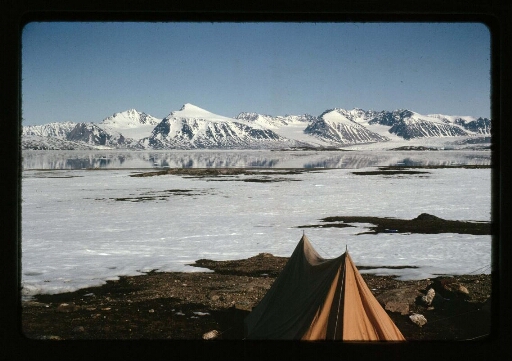Vue d'une tente plantée devant le Kongsfjord - mission CNRS 1964