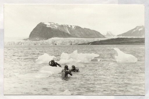 Trois plongeurs bouteilles dans l'eau entre des morceaux de glace - plan 2/2
