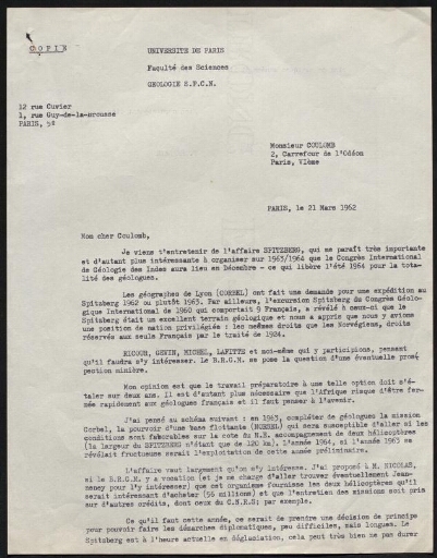 Lettre pour l'organisation d'une mission au Spitzberg en 1963/1964