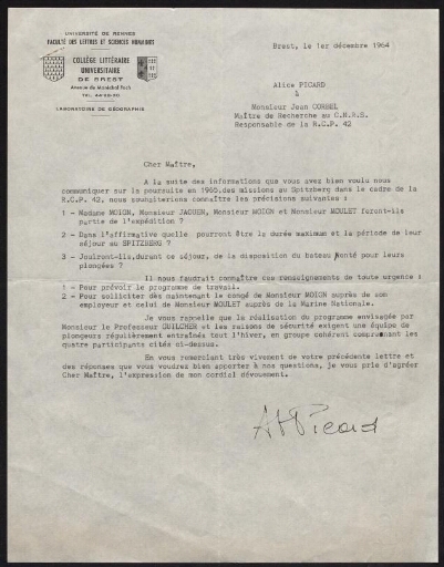 Lettre de questions sur la participation de Mme Moign,  Mr Jaouen,  Mr Moign et Mr Moulet aux missions au Spitzberg en 1965