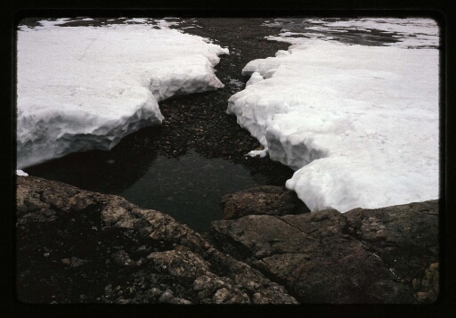 Vue sur un trou d'eau entouré de glace et neige près de la base Corbel - mission CNRS 1964
