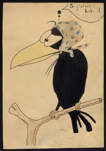Le dessin d'un corbeau qui porte un bonnet noué sur la tête- mission CNRS 1963