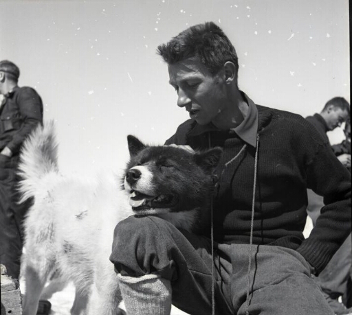 L'adjoint scientifique Bertrand Imbert caressant un chien de traîneau.