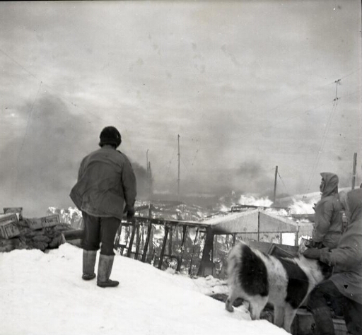 Incendie de Port-Martin, trois hommes, un chien à leurs pieds, observent, impuissants à la fin du sinistre.