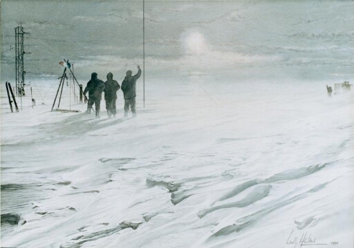 Les trois hivernants saluent leurs camarades le 2 février 57, premier jour de leur hivernage. Aquarelle de Wally Herbert.
