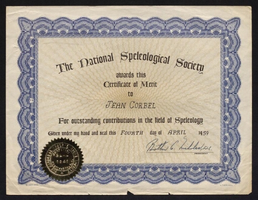 Certificat du mérite pour les contributions exceptionnelles dans le domaine de la spéléologie