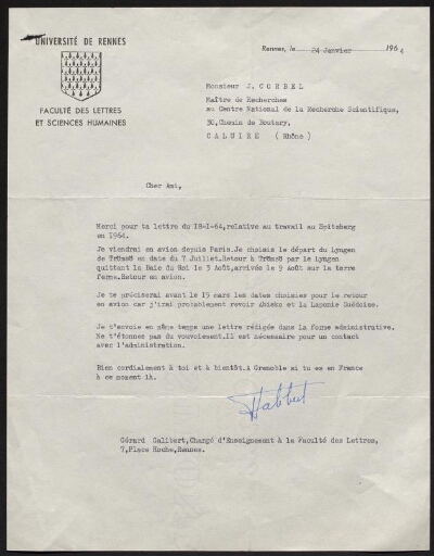 Lettre dactylographiée réponse et explication sur le trajet retour de Gérard Galibert pour l'expédition au Spitzberg en 1964