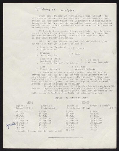 Spitzberg 66 circulaire; instructions pour l'expédition de 1966