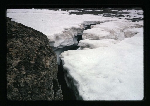 Roche entourée de neige et de glace près de la base Corbel - mission CNRS 1964