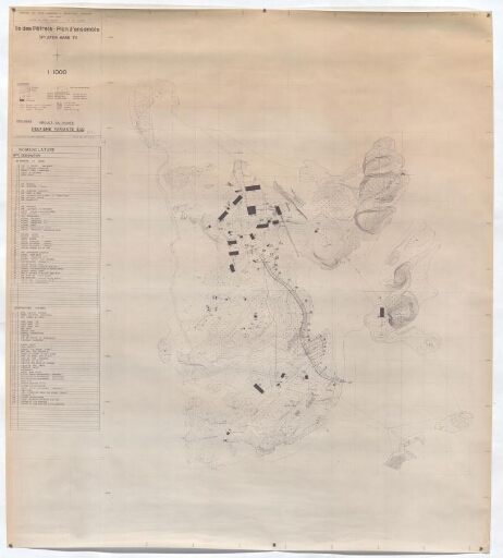 Île des Pétrels. Plan d'ensemble. Situation mars 1974. Projet de route, deuxième variante sud