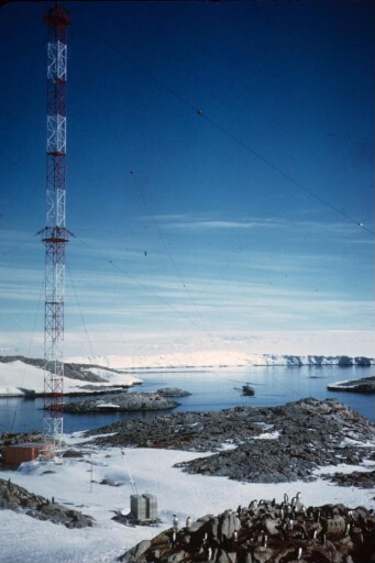 Vue vers le sud, le pylône du sondeur ionosphérique, l'île Le Mauguen (ex. Alexis Carrel) et le continent. Alouette 2 en vol. Manchots Adélie.