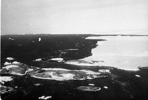 Survol des îles Jean Rostand et Alexis Carrel (île Le Mauguen) en direction du nunatak du Bon Docteur et du glacier de l'Astrolabe.