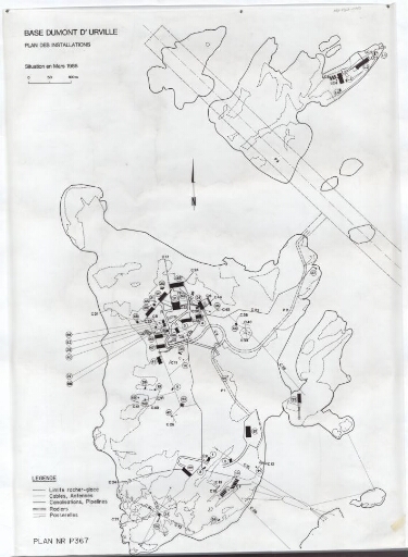 Base Dumont d'Urville : Plan des installations. Situation mars 1985