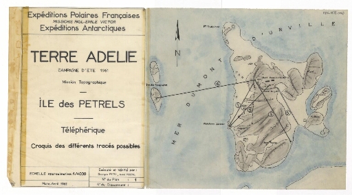 Carte de l'Île des Pétrels, croquis des différents tracés possibles du téléphérique