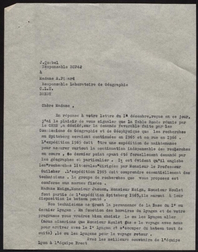 Lettre de réponse aux questions de Madame Picard sur la participation de Mr Mme Moign,  Mr Jaouen et Mr Moulet aux missions au Spitzberg en 1965