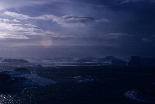 Belle vue depuis l'île des Pétrels vers le large. Mer moutonneuse, nombreux icebergs, ciel tourmenté, lumière voilée