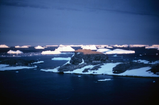 Vue prise depuis la base (à minuit ?) de l'île du Lion. Mer libre à perte de vue, nombreux icebergs.