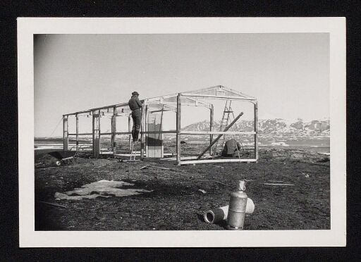 Un homme sur une echelle qui construit une cabane en bois, Base Corbel mission CNRS 1964, vue 2