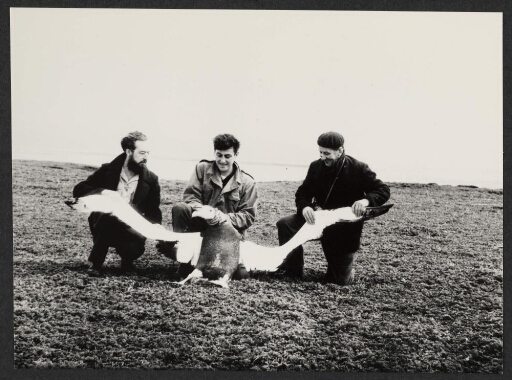 Vers Pointe Guite : Trois hommes agenouillés maintiennent et tendent les ailes d'un jeune albatros