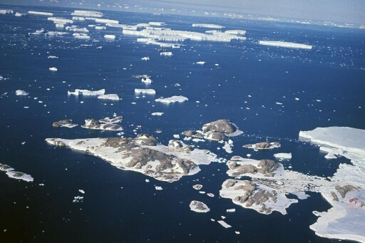 Survol, vers le nord-est, de l'archipel. Mer libre à perte de vue, nombreux icebergs.