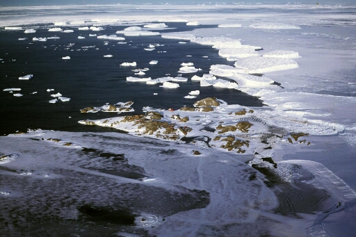 Vue aérienne vers le nord-est. L'archipel et le large, nombreux icebergs tabulaires. L'Astrolabe, alternance de mer libre, banquise et banquise en formation.